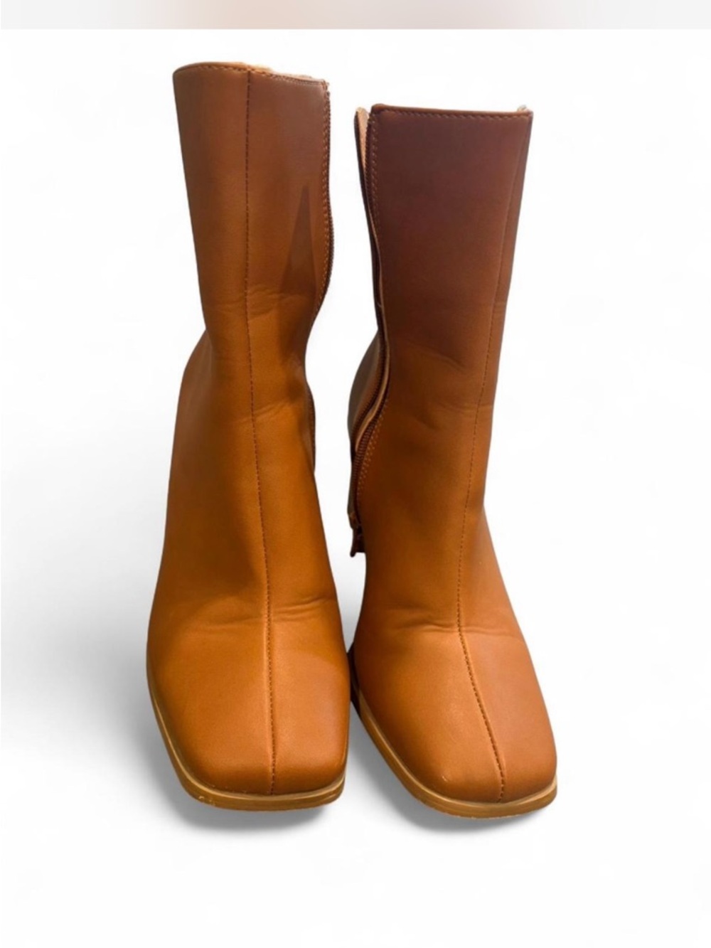 Women's Tan Mid-Calf Square-Toe Boots